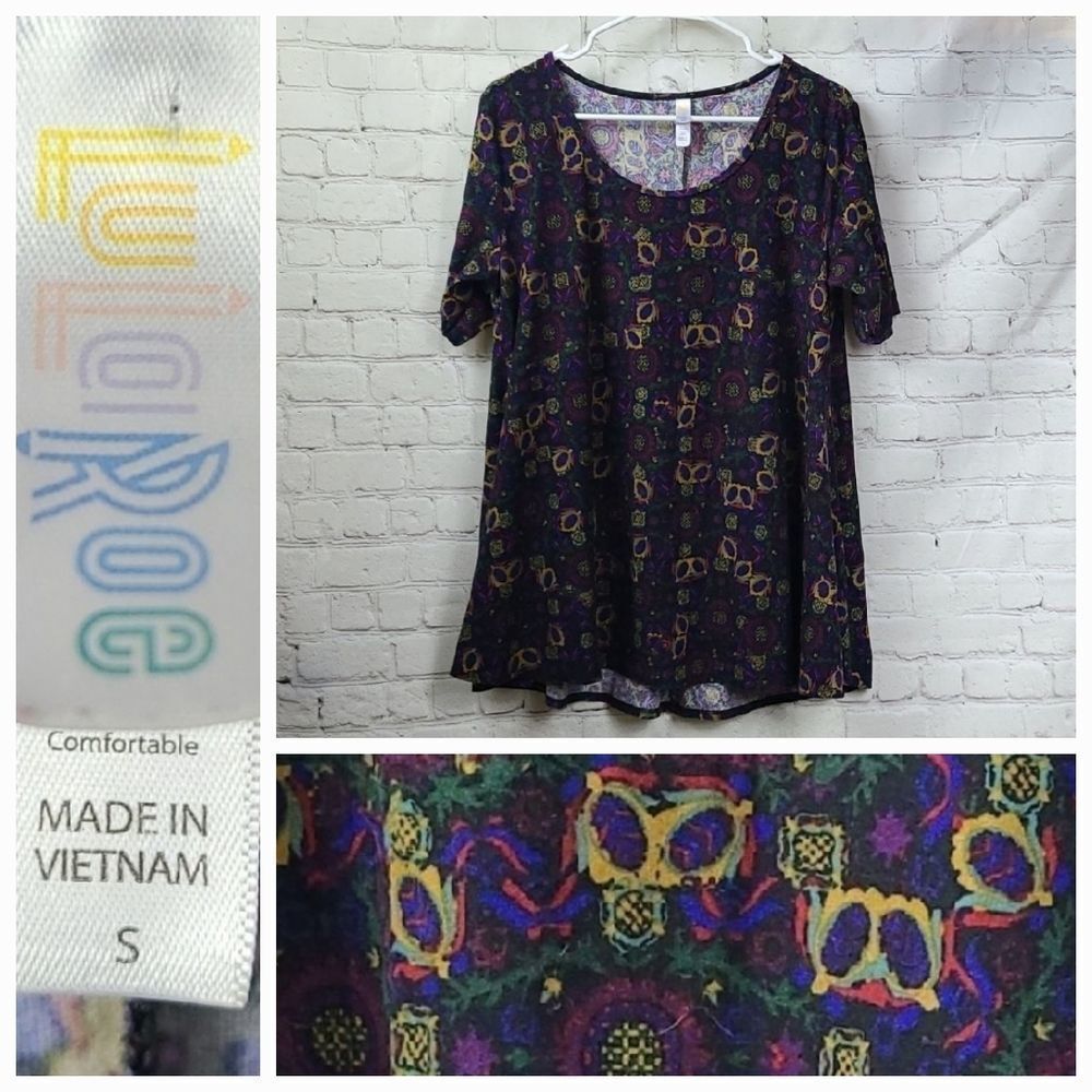 Lularoe Black Artsy Print Swing Top Small A-Line Tee Villain Fantasy Perfect T - Picture 14 of 14